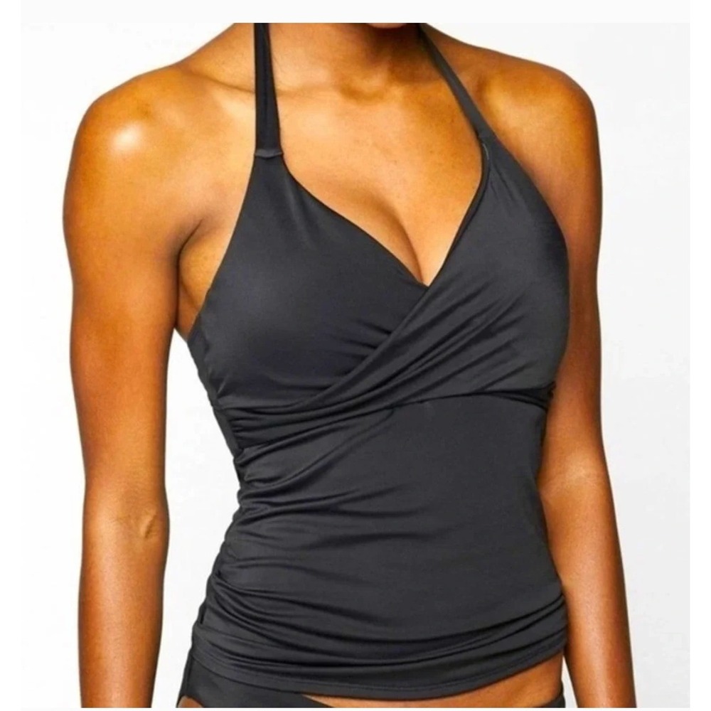 Athleta‎ Bra Cup Wrap Tankini Swim Top 40B/C Black Halter Ruched Beachwear